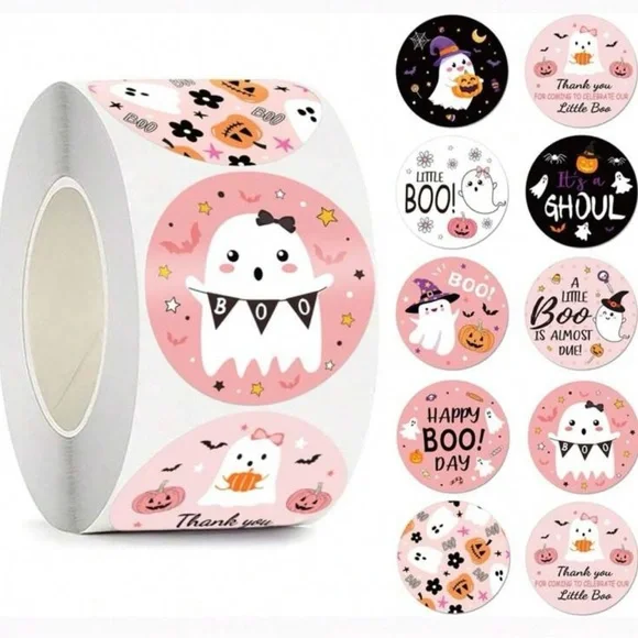 500 Pink Halloween Cute Ghost Stickers Roll Ghouls - Picture 7 of 7